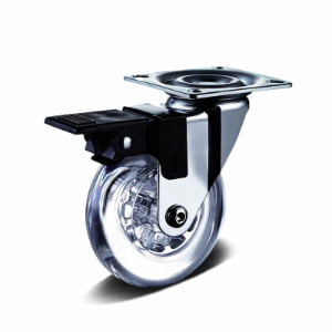 Transparent PU Top Plate Furniture Castor with Nylon Core, 35-100mm, 30-70kg Load with Brake Option