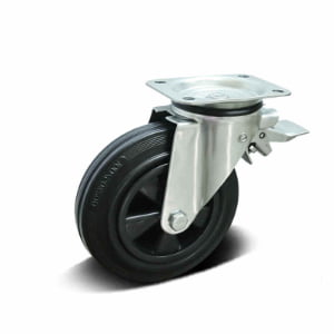 G1 Series Rubber/Elastic Rubber Garbage Bin Castor with PP/Metal Core – Top Plate Swivel with Brake, 100-200mm