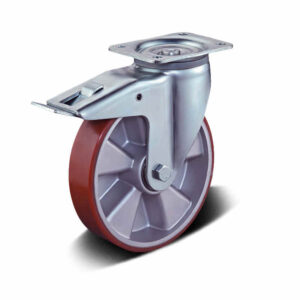 H01 5×5, PU/Elastic Rubber Heavy Duty Castor – Top Plate – Swivel with Brake