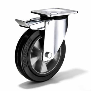 H02 6×4, Elastic Rubber+Aluminium/PA Heavy Duty Castor – Top Plate – Swivel with Brake