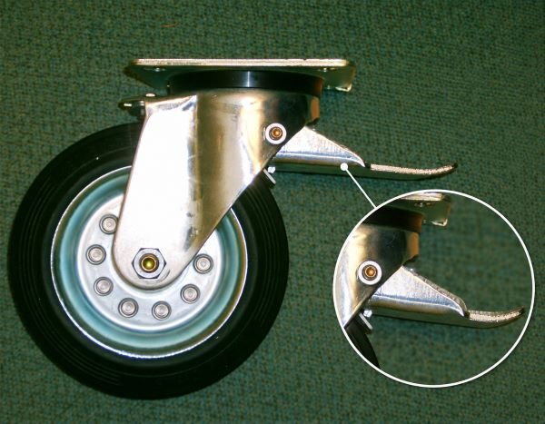 Garbage bin castor with brake pedal and close-up brake detail